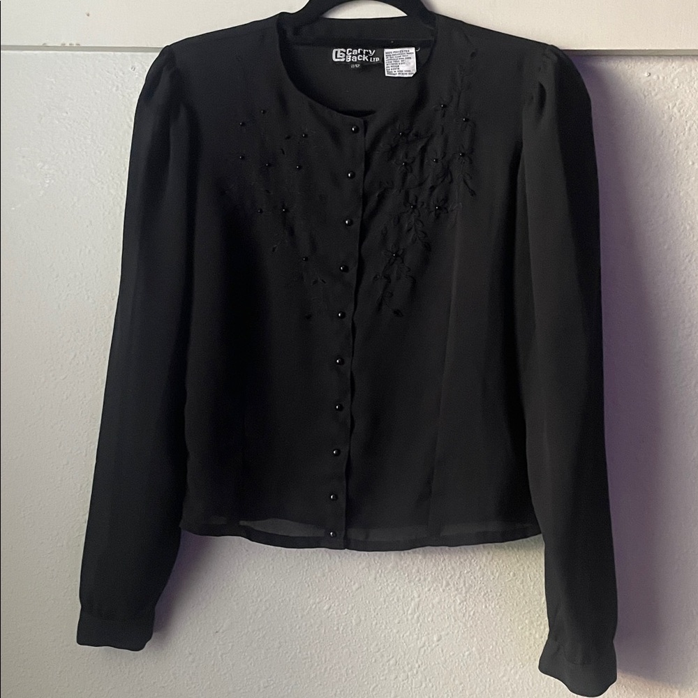 Vintage Carry Back black beaded floral cropped button down blouse